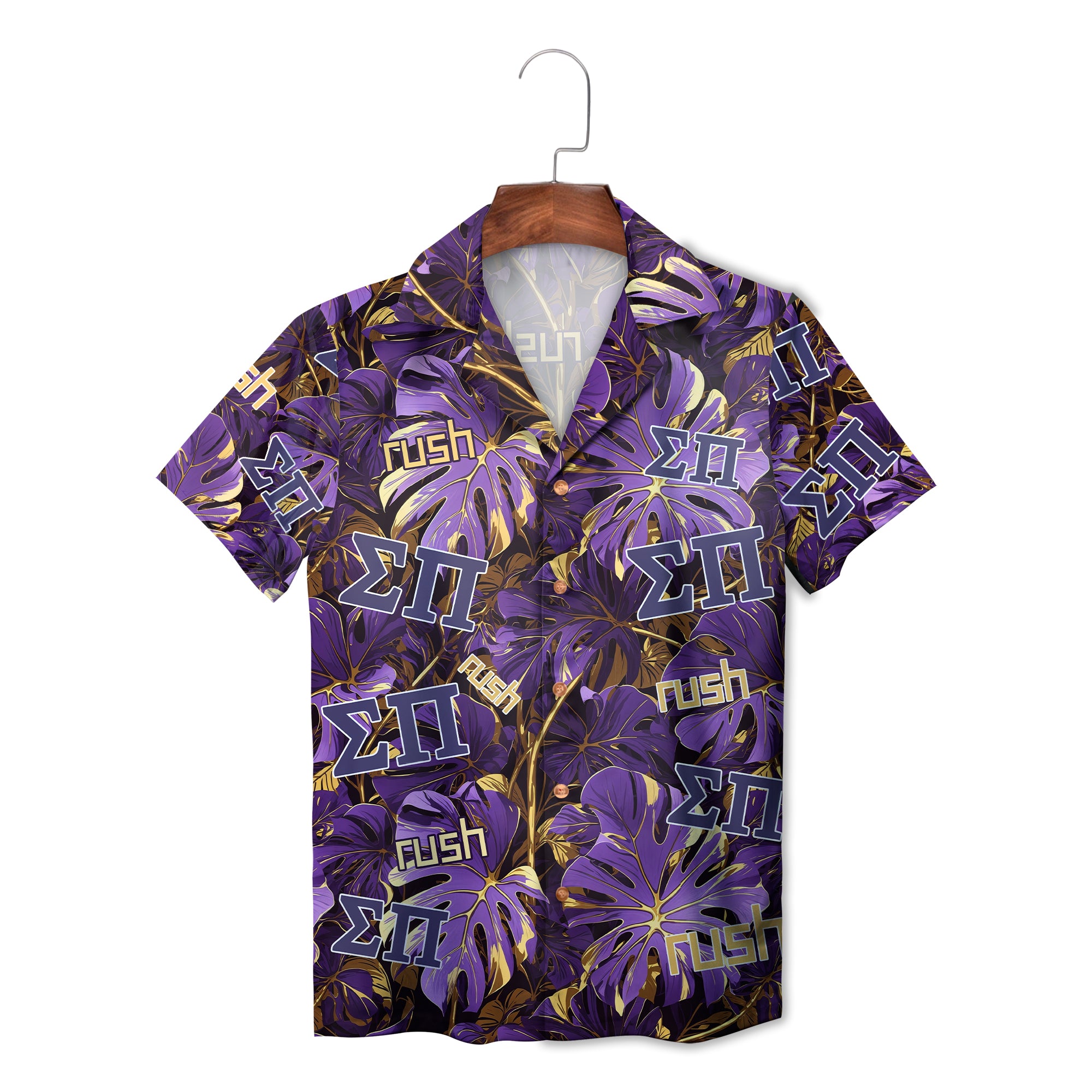 Light blue fraternity shirt featuring navy Greek letters and tropical foliage variant 2