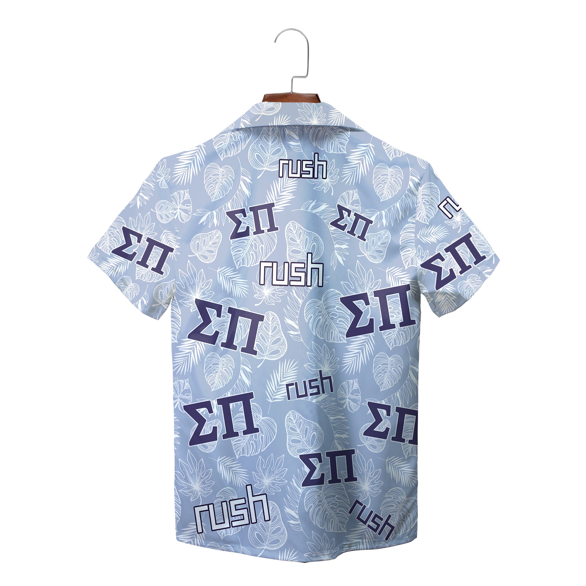 Light blue fraternity shirt featuring navy Greek letters and tropical foliage variant 5