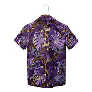 Light blue fraternity shirt featuring navy Greek letters and tropical foliage variant 6