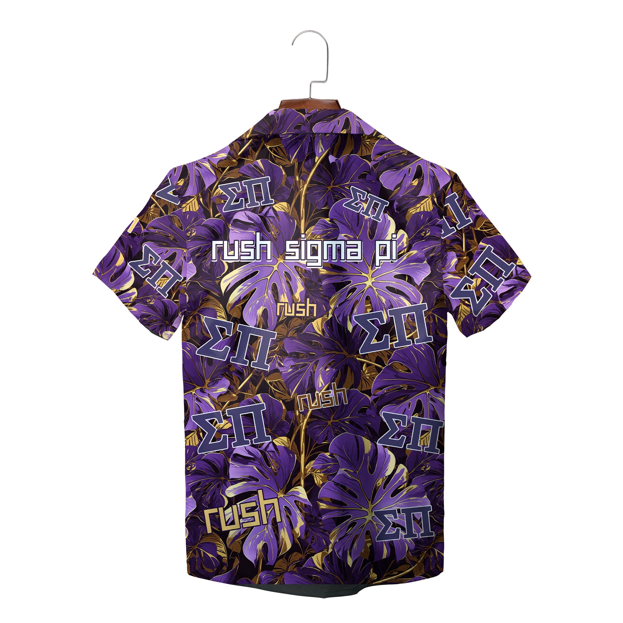 Light blue fraternity shirt featuring navy Greek letters and tropical foliage variant 7