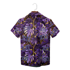Light blue fraternity shirt featuring navy Greek letters and tropical foliage variant 8