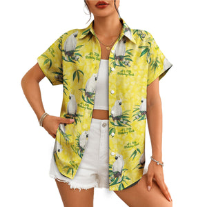 Yellow camp shirt featuring white crested parrots on leafy branches variant 4