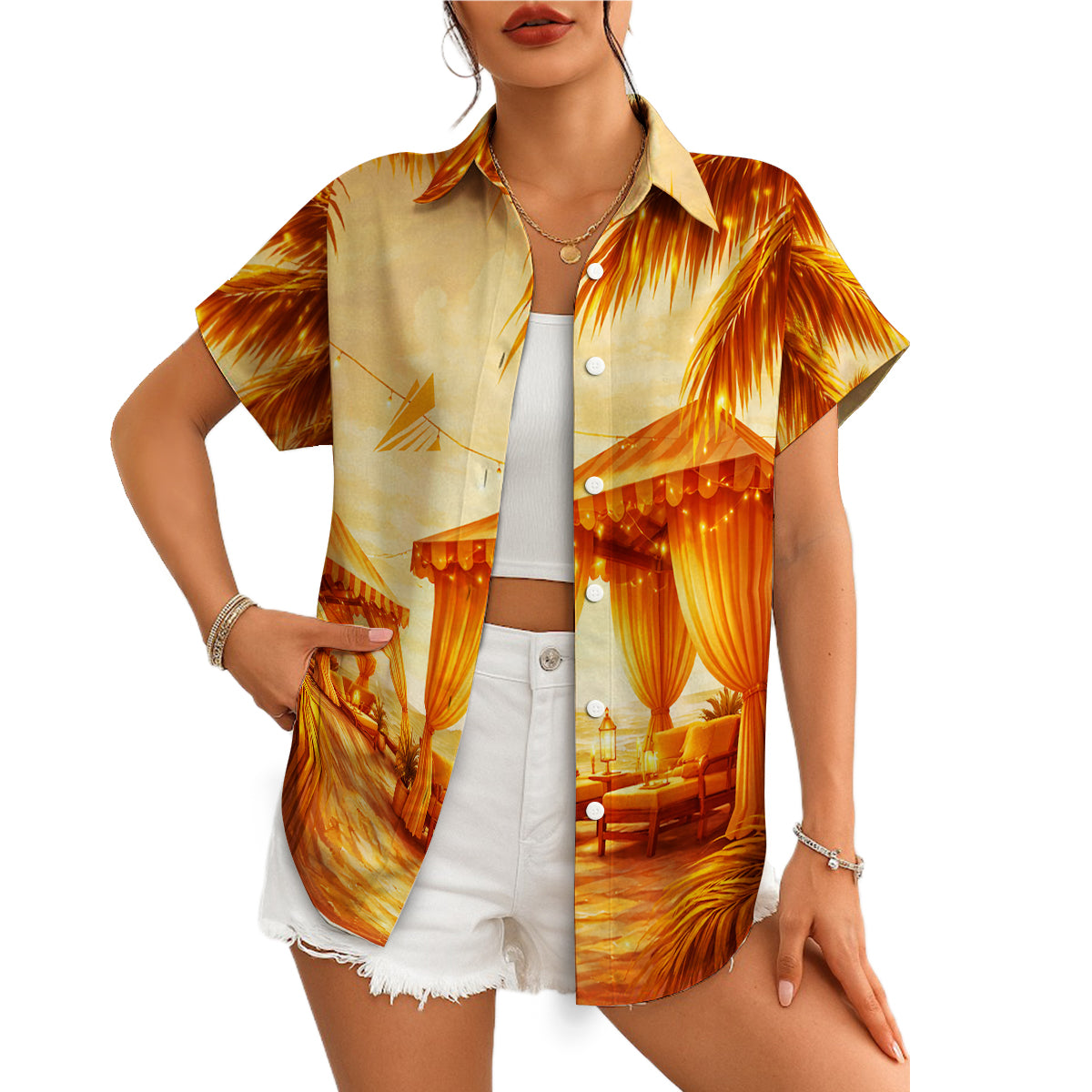 Amber sunburst tropical palm beach scene Hawaiian shirt variant 10