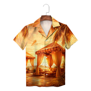 Amber sunburst tropical palm beach scene Hawaiian shirt variant 2