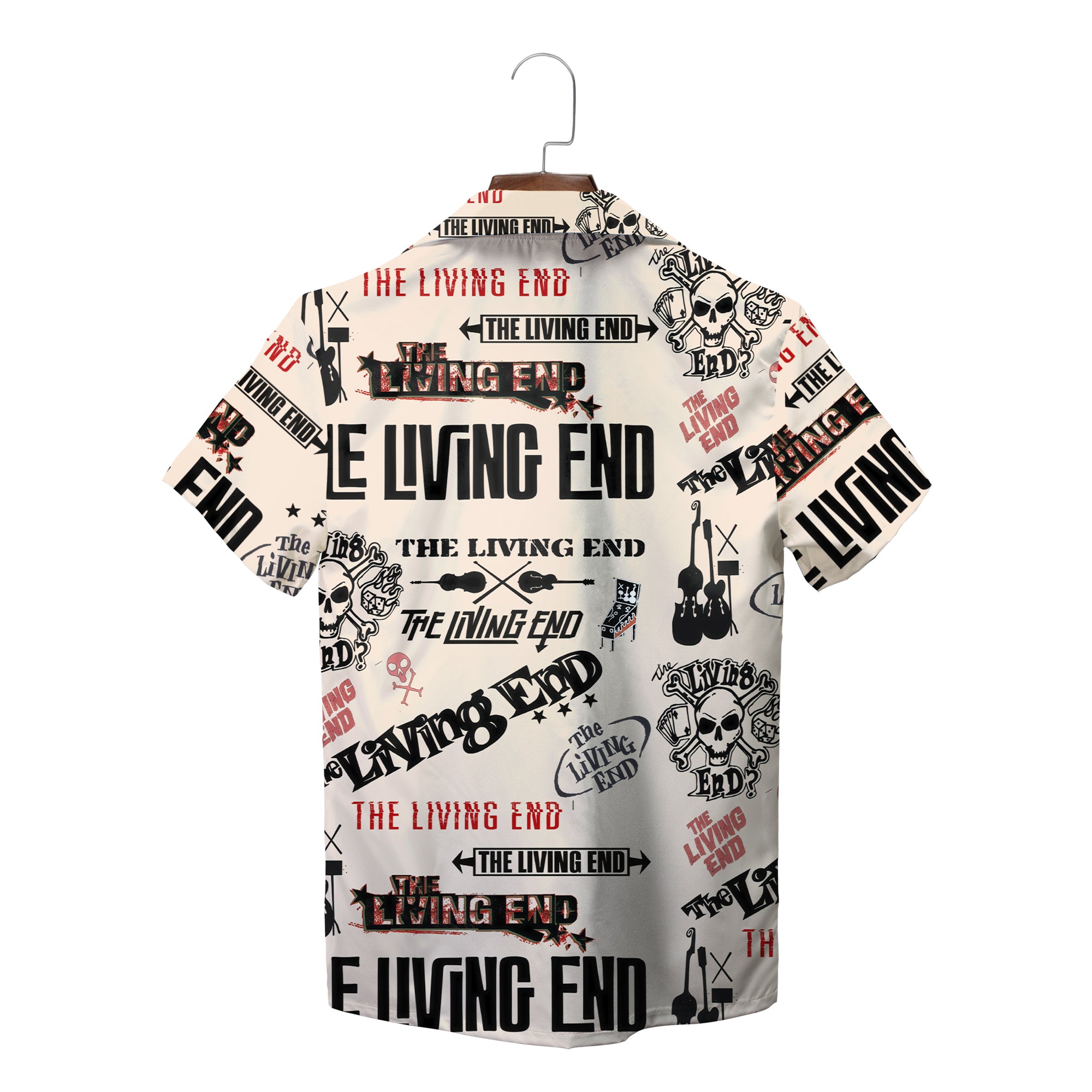 Cream Hawaiian shirt with The Living End band logos and skulls variant 2
