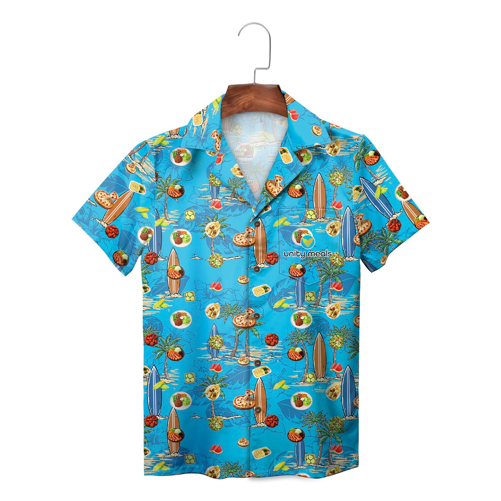 Blue Hawaiian shirt with surfboards palm trees pizza pattern