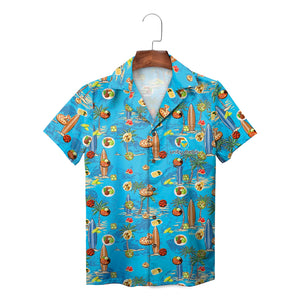 Blue Hawaiian shirt with surfboards palm trees pizza pattern