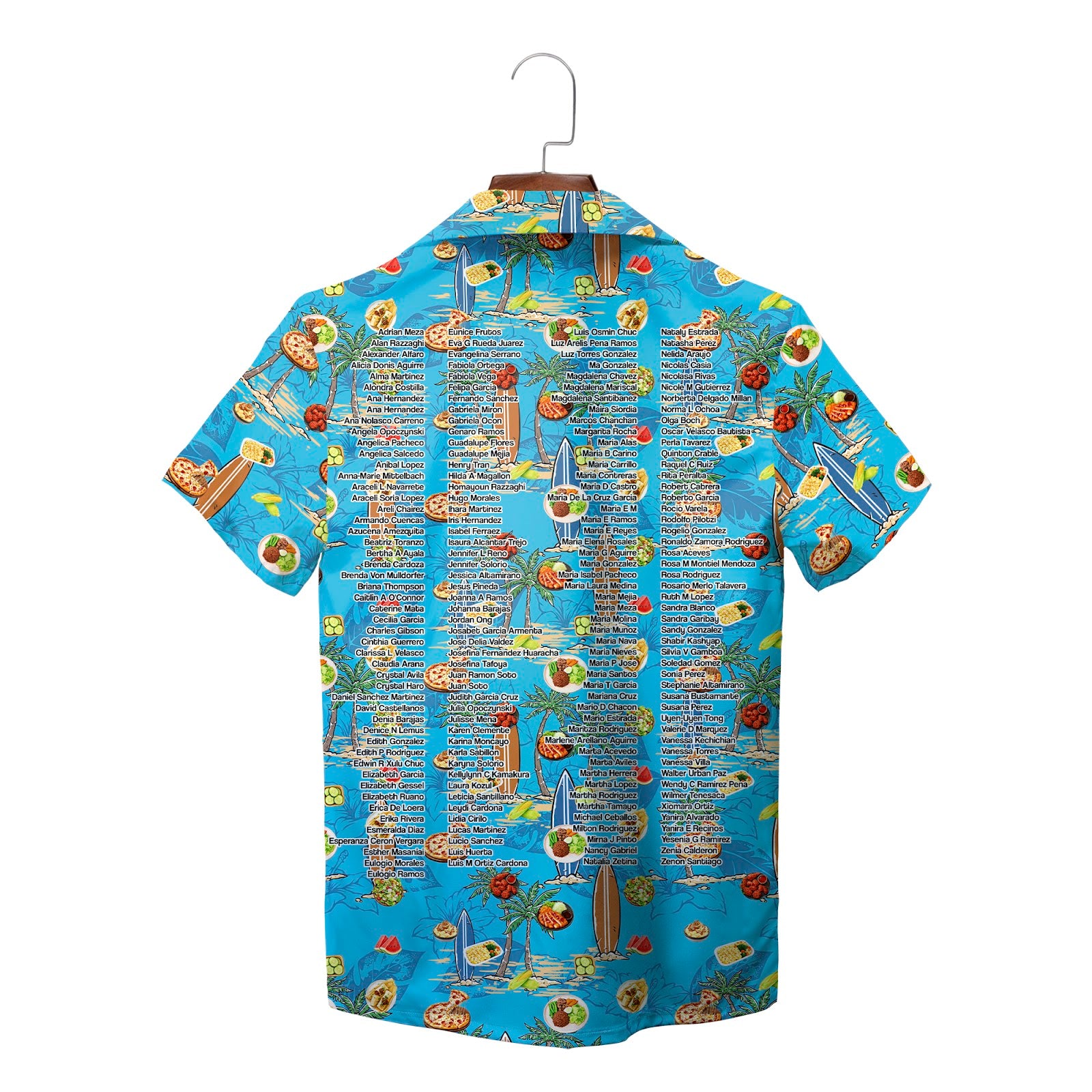 Blue Hawaiian shirt with surfboards palm trees pizza pattern variant 3