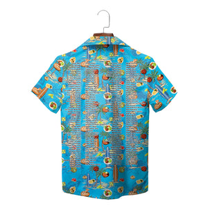 Blue Hawaiian shirt with surfboards palm trees pizza pattern variant 3