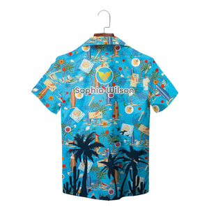 Blue Hawaiian shirt with surfboards palm trees pizza pattern variant 4