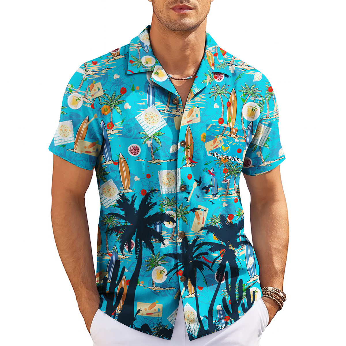 Blue Hawaiian shirt with surfboards palm trees pizza pattern variant 5