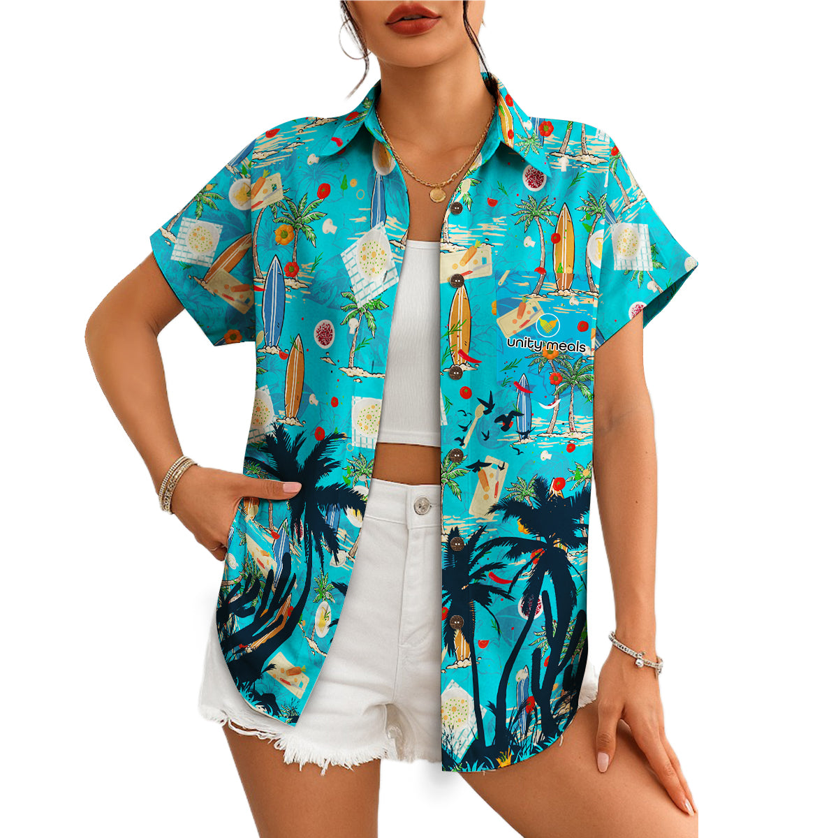 Blue Hawaiian shirt with surfboards palm trees pizza pattern variant 6