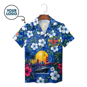 Royal blue floral shirt featuring sunset bridge cruise liner