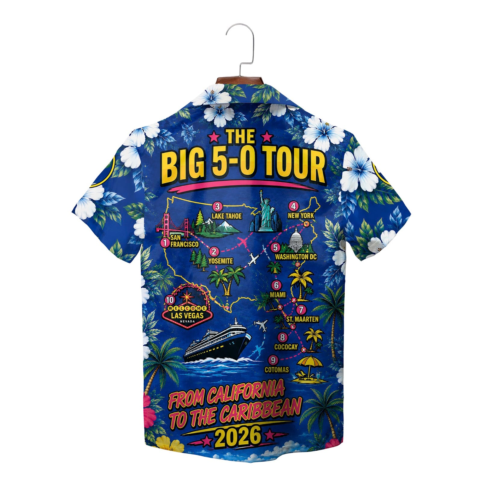 Royal blue floral shirt featuring sunset bridge cruise liner variant 2