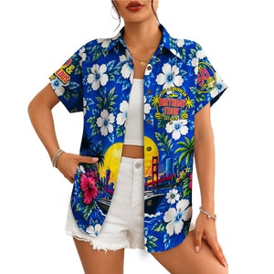 Royal blue floral shirt featuring sunset bridge cruise liner variant 4