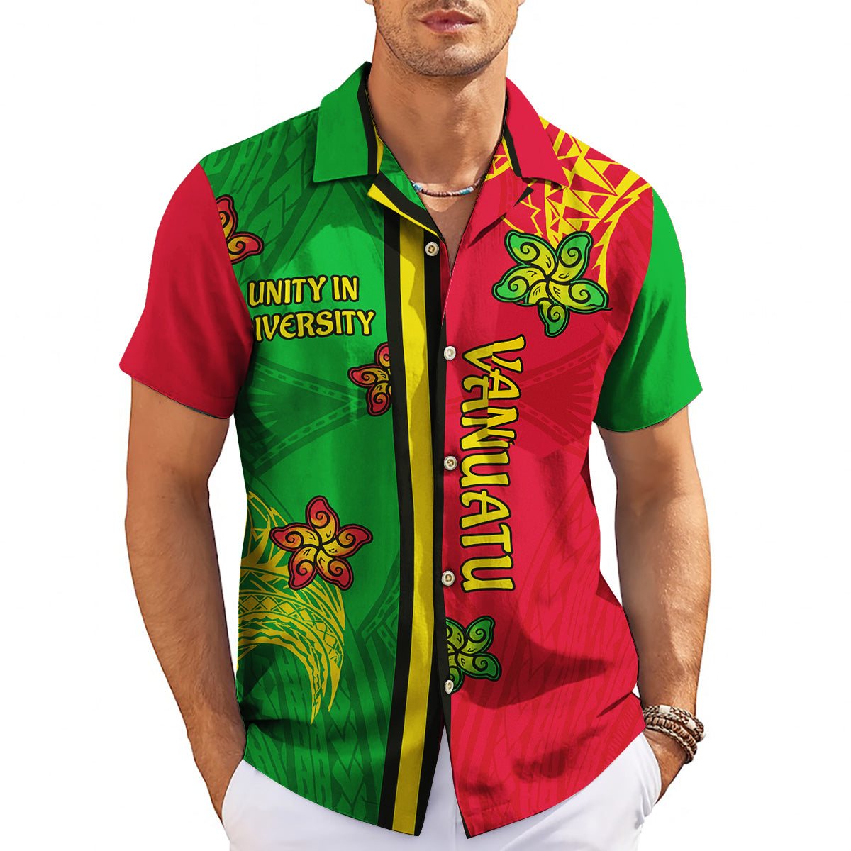Green and red split Vanuatu tribal turtle Hawaiian shirt variant 3