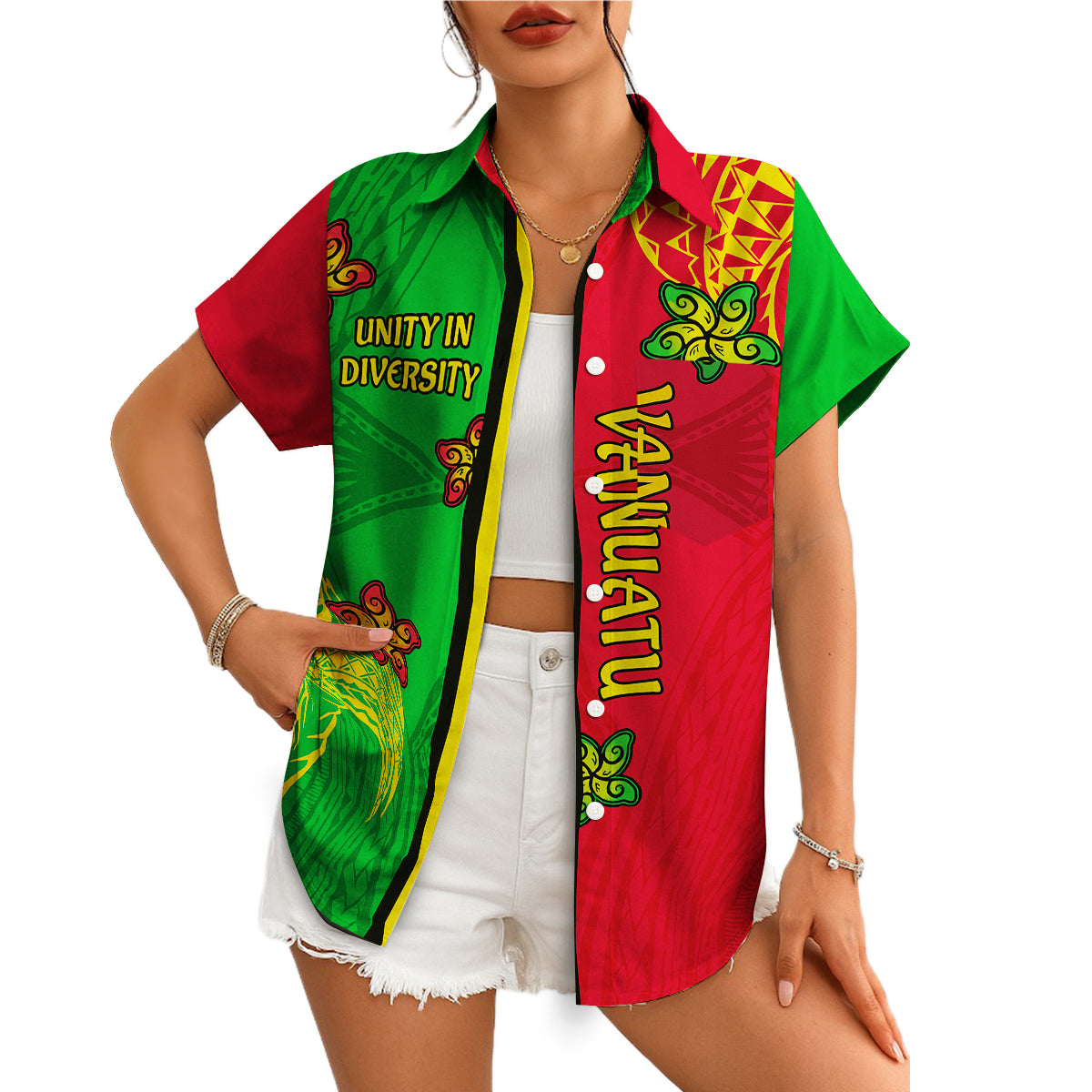 Green and red split Vanuatu tribal turtle Hawaiian shirt variant 4