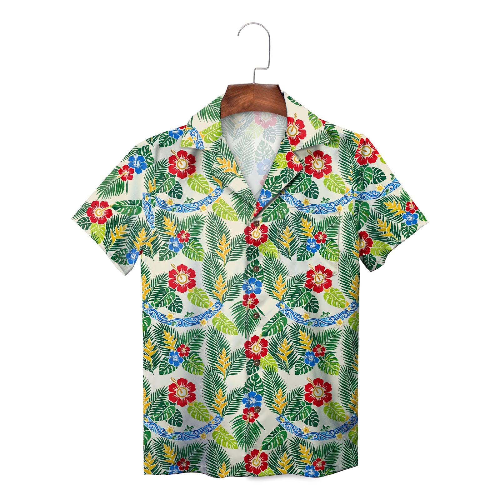 Floral monstera leaf print short sleeve summer shirt on hanger