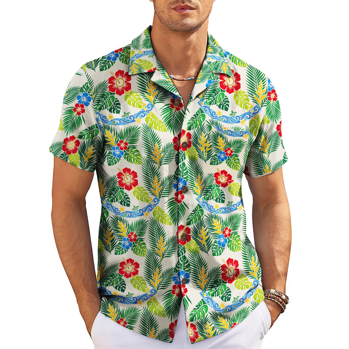 Floral monstera leaf print short sleeve summer shirt on hanger variant 3