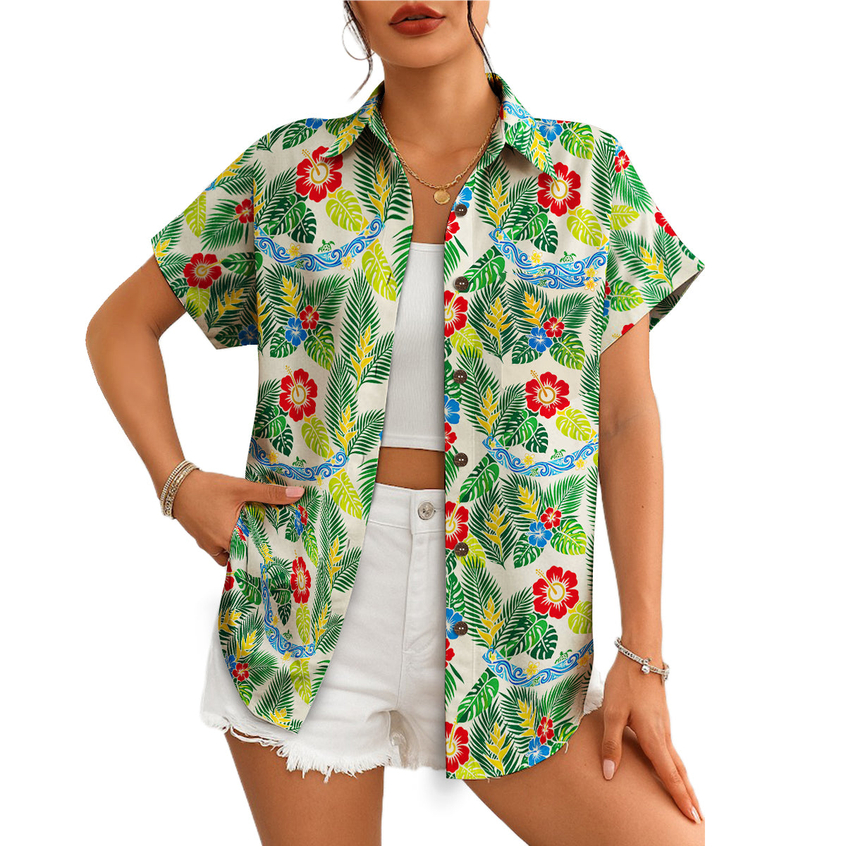 Floral monstera leaf print short sleeve summer shirt on hanger variant 4
