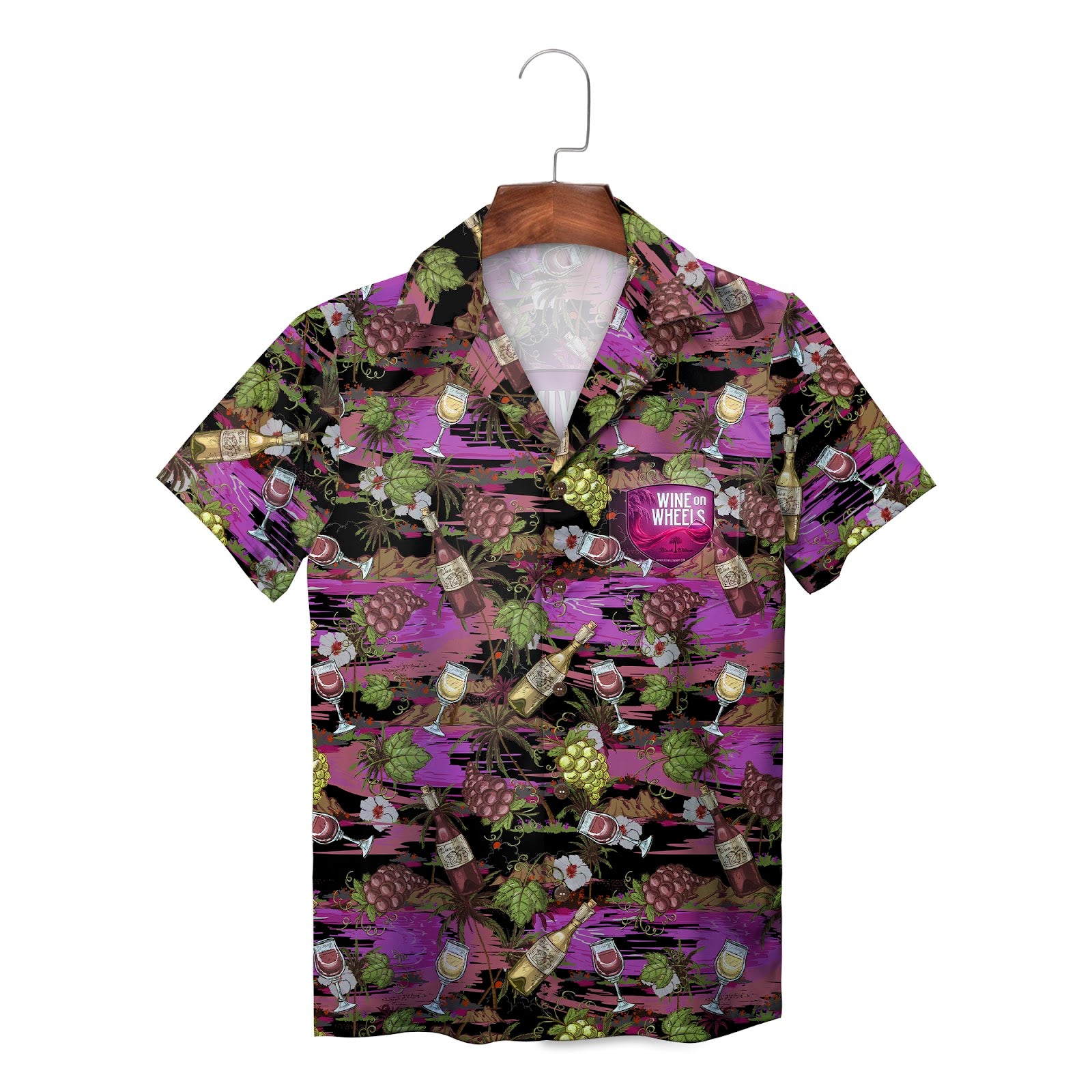 Black pink aloha shirt featuring grapes wine glasses bottles palms