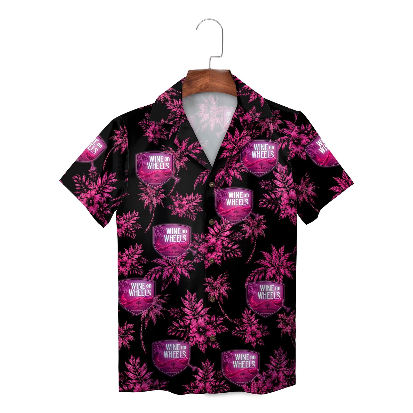 Black pink aloha shirt featuring grapes wine glasses bottles palms variant 2