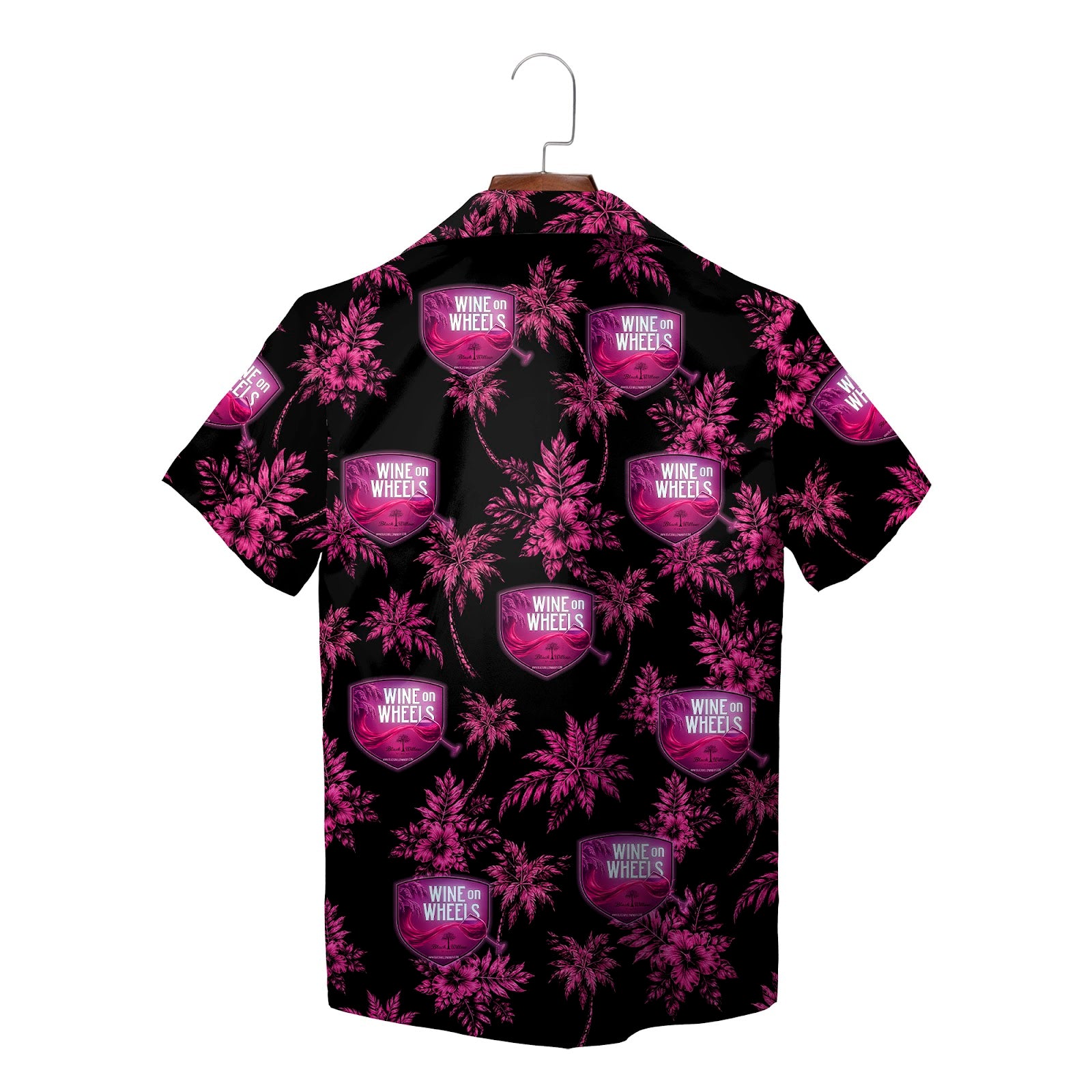 Black pink aloha shirt featuring grapes wine glasses bottles palms variant 4