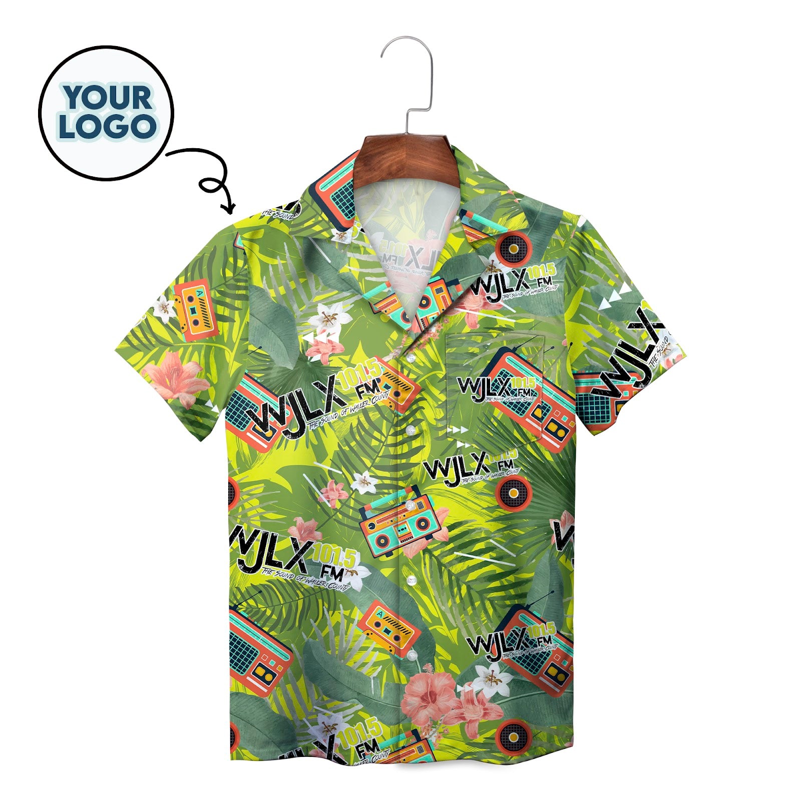 Green leafy shirt showing radios cassettes hibiscus blooms