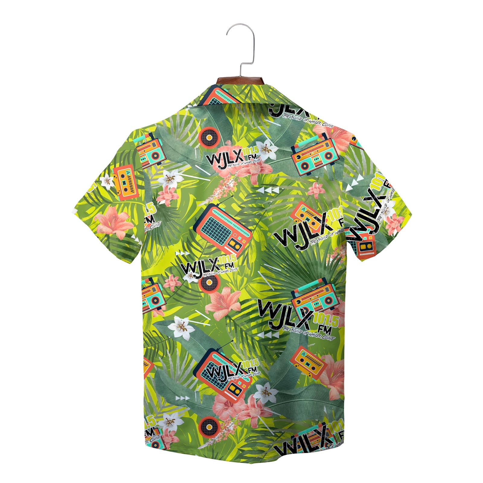 Green leafy shirt showing radios cassettes hibiscus blooms variant 2