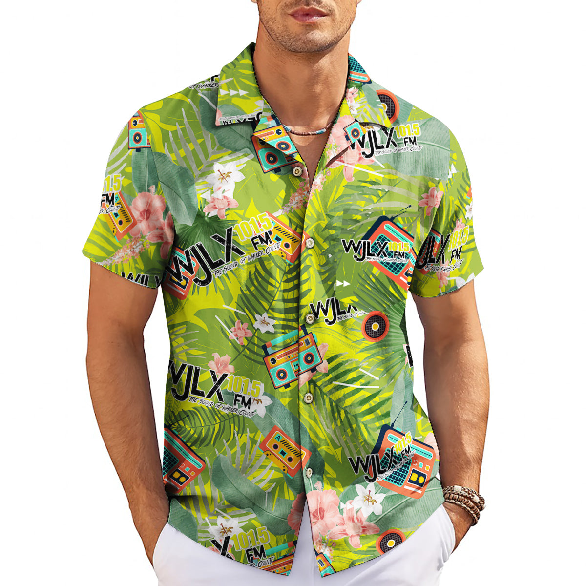Green leafy shirt showing radios cassettes hibiscus blooms variant 3